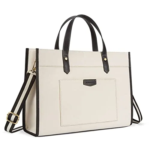 Canvas Laptop Tote, 15.6 inch, Black and Beige