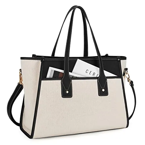 Canvas Laptop Tote, 15.6 inch II, Black and Beige