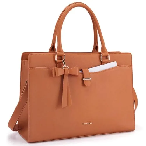 Vegan Leather Laptop Tote, 15.6 inch, Bow Brown