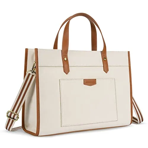 Canvas Laptop Tote, 15.6 inch, Brown and Beige